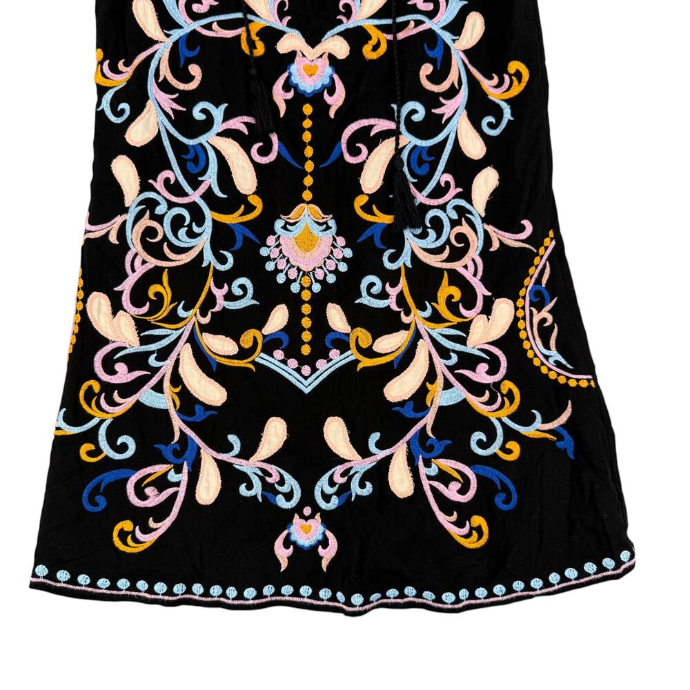 Skies Are Blue Dress Women Small Black Embroidered Boho Lace Up Tassel Shift EUC - Picture 5 of 9